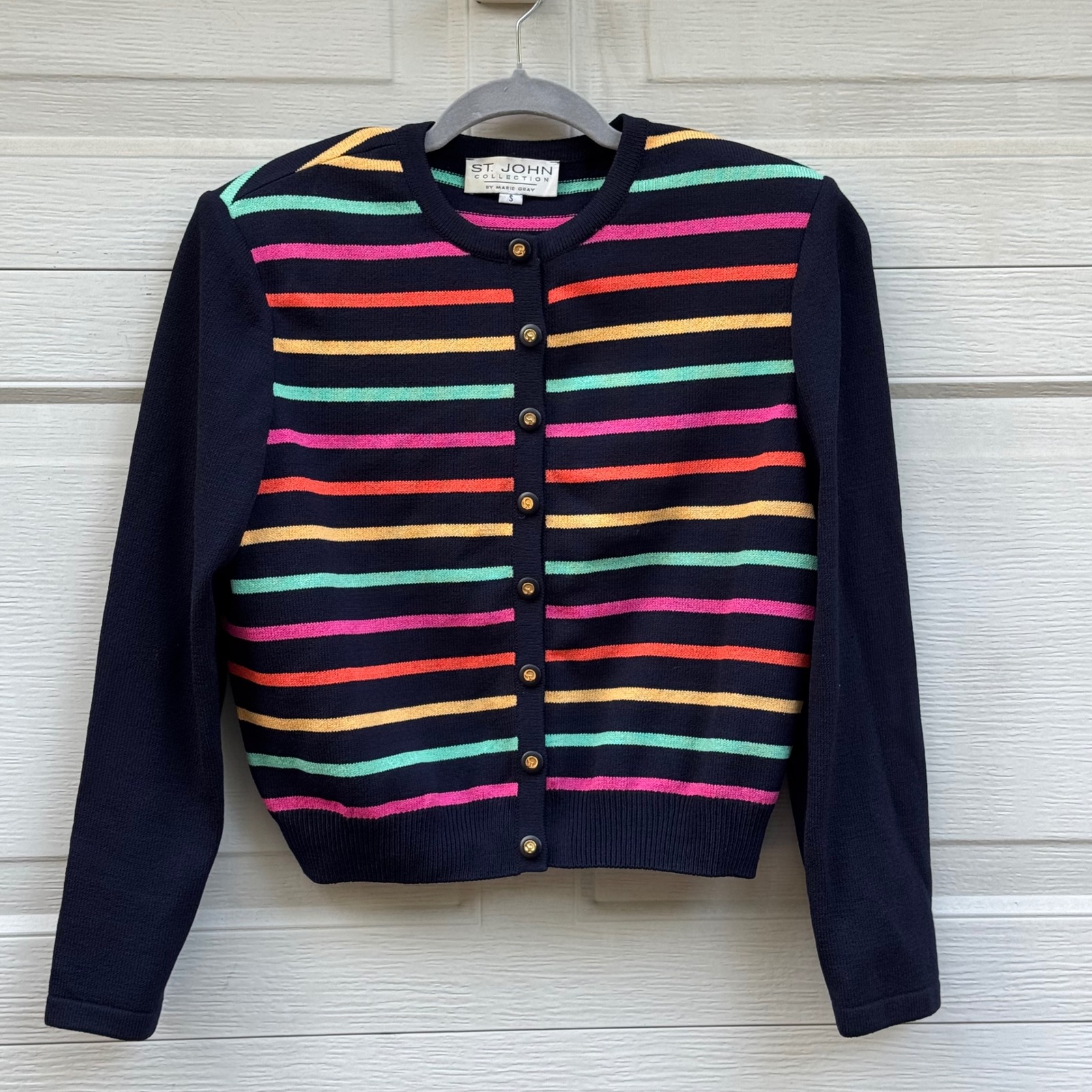 St. John Collection Cardigan Women S Navy Rainbow Stripe Vintage Euc Marie Gray